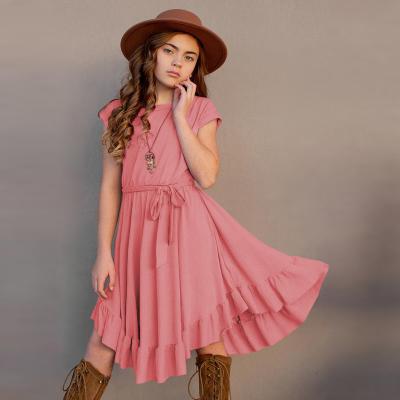 China Breathable Girls Loose Casual Pocket Ruffle Swing Simple Short Long Maxi Dress With Belt for sale