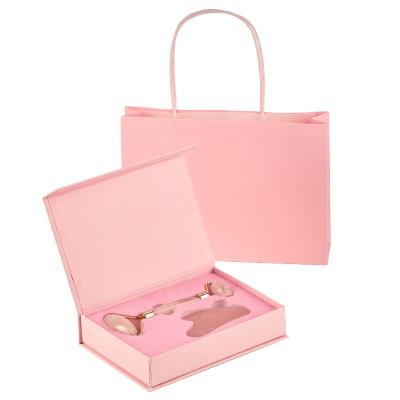 China Professional Natural Crystal Pink Facial Massager Gua Sha Tool Kit Rose Quartz Roller With Box for sale