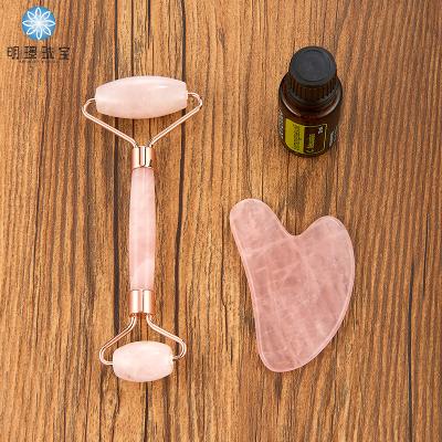 China Premium face gua sha stone and jade facial pink face roller for eyes body rose quartz roller gua sha set for sale