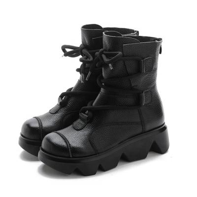 China Breathable Ladies Fashion Retro British Style Shoes Winter Wedge Heel Black Combat Genuine Leather Military Boots For Women for sale