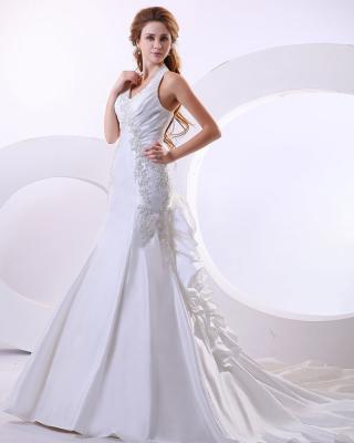 China Sexy Deep V Halter Neck Wedding Dresses ruffled long tail Wedding Gowns for sale