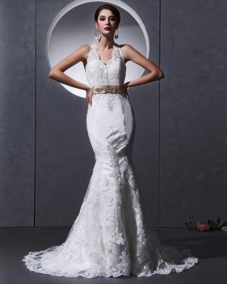 China Lace Deep V open back Halter Neck Wedding Dresses mermaid Slim Wedding Gowns for sale