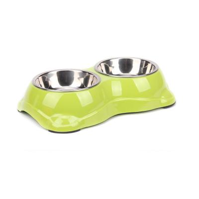 China Cuenco para mascotas de silicona anti saltos con cuenco doble de acero inoxidable en venta