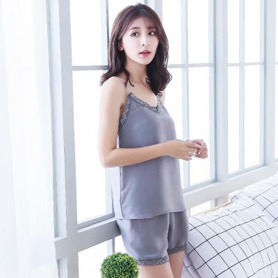 China Sexy Female QUICK DRY Silk Satin Lace Pajamas Set To Tie Up Summer Autumn Home Wear Sleepwear Silk Sleeveless Nightgowns for sale