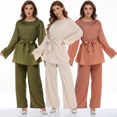 China 2 piece set Two Piece Eid Mubarak Kaftan Dubai Turkey Muslim Robe and Pants Islamic Abaya Dress Clothing for Women Elegant Long Sleeve Pants for sale