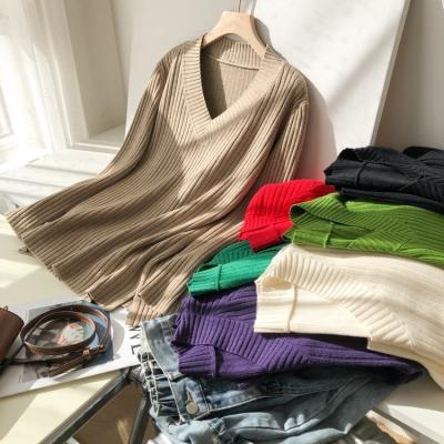 China Anti-wrinkle Women's Fall Fashion Casual Knitwear Pullover Sweater Soild Color V-Neck Loose Long Sleeve Knit Jumper Tops Winter Clothes for sale