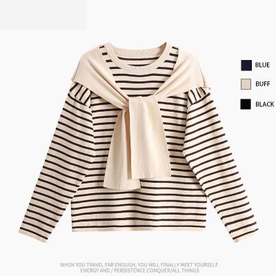 China Anti-wrinkle Fashion Elegant Women Lady Long Sleeve T Shirt Clothing Casual Cotton Sweaters Pullovers Stripe Scarf Neck With A Shawl for sale