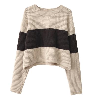 China Anti-wrinkle Women's Stripe Contrast Knitwear Long-Sleeve Crew Round Neck Plaid Knitted Cropped Short Loose Sweater Pullover Tops for sale