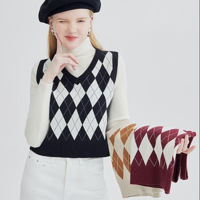 China Anti-wrinkle Argyle Sweater Vest Women Plaid Knitted Streetwear Preppy Style V Neck Sleeveless Crop Knitwear School Tank Top for Girl Women for sale