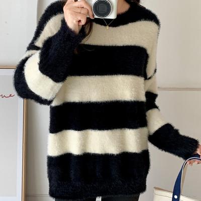 China Anti-wrinkle Vintage Women's Woolen Striped Knitwear Imitation Sable Hair Sweater Knitted Long Sleeve Loose Oversized Pullover Jumper Tops for sale