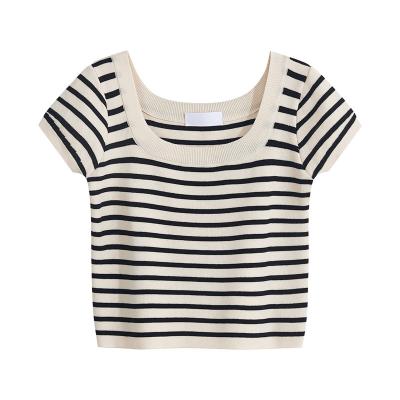 China QUICK DRY Stripe Knitted Short Sleeve Women's Summer 2023 New Slim Short Straight Shoulder T-shirt Thin Ice Silk French Square Neck Top for sale