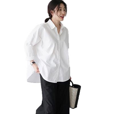 China Anti-Shrink White Long Sleeve Shirts for Women Fashion Casual Loose Fit Button Down Cuffed Lightweight V Neck Collared Blouse for sale