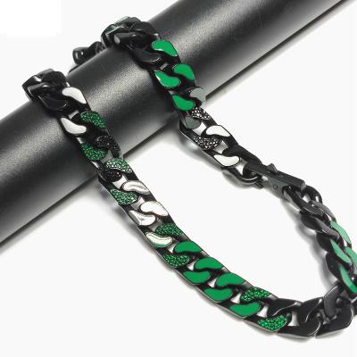 China CLASSIC Punk Green Diamond Cut Miami Cuban Iced Out Link Bracelet Chain for Men Women Alloy Curb Chain Necklace Cool Hip Hop Jewelry for sale