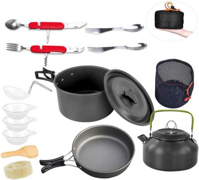 China Portable Camping Cookware Set Kettle Nonstick Pots Pan Aluminum Lightweight Cookware Mess Kit Folding Spork Knife Spoon for Outdoor for sale