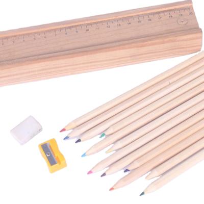 China Custom School Student Logo Kids Art Drawing 12pcs Color Pencil Set in Wooden Box Natural Artisit Color Pencil with Sharpener and Eraser for sale