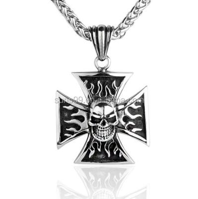 China Retro Cross Gothic Evil Men Skull Flame Skull Vintage Pendant Necklace for sale