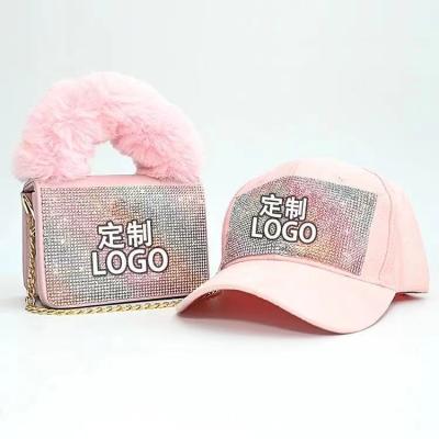 China Fashion diamond fur ny purses hot selling 2021 new design handbags with bling bling hats for girls women for sale