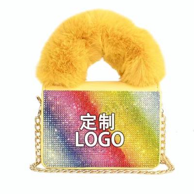 China Fashion Diamond Faux Fur Messenger Crossbody Bag Pu Leather Clutch Chain Handbags Small Latest Designs Cute Girls Fashion Cartoon Kids for sale