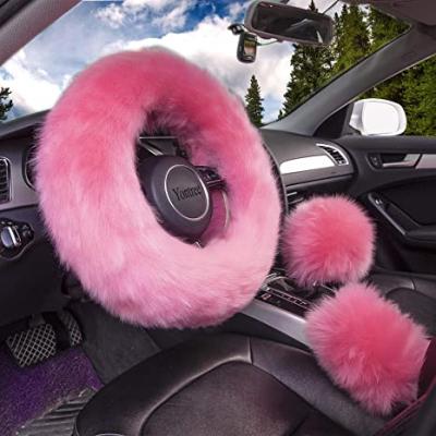 China Fashion \ Fuzzy Real Fur Automotive Furry Car Fluffy Multi Girly Comfortable \ Durable Colored Steering Wheel Cover Set For Women for sale