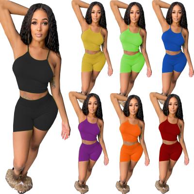 China QUICK DRY Solid Colors R6407 20201 Popular Halter Vest Shorts Sports Suit For Women for sale