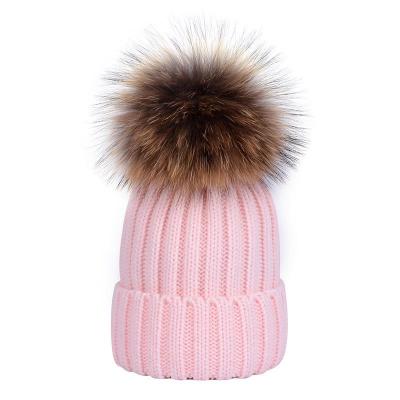 China COMMON Five Colors Real Raccoon Fur Pompom Women's Beanies New Design Natural Acrylic Hats Girls Warm Hats for sale