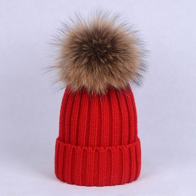 China COMMON Fur Pom Poms Beanie Hats Raccoon Hat Raccoon Fur Pompom Hat Winter Mom and Baby Real Double for Baby and Mom for sale