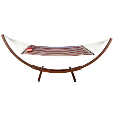 China Enjoy Your Life In The Back Yard Stripe Style 12 Ft Wooden Bow Hammock Stand With 2 Person Double Layer Polyester Fabric Hammock And Pillow for sale