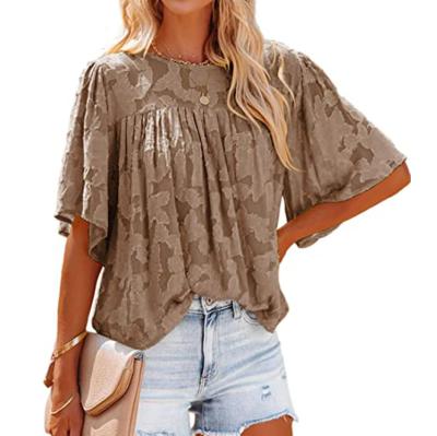 China New 2022 Fashion Women Breathable Spring Summer Clothing Solid Color O Neck Cavity Print Doll Shirt Loose Casual Short Sleeves Chiffon Top for sale