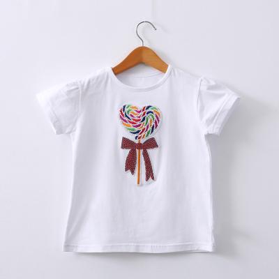 China Breathable 2022 girls summer clothes new cotton children's T-shirt cartoon white sequins children's clothing shorts sleeves printed top for sale