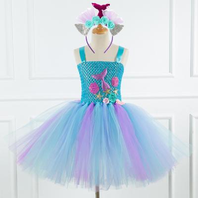 China Girls Mermaid Tiara Multicolor Tutu Skirt Mesh Birthday Party Dance Dress Fish Scale Dress Breathable Skirt 2 Piece Set for sale