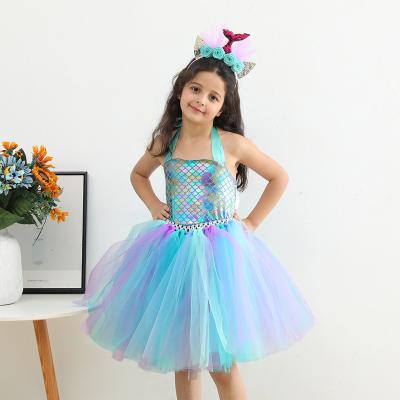 China Girls Mermaid Tiara Multicolor Tutu Skirt Mesh Breathable Dance Birthday Dress Lace Up Fish Scale Dress Skirt 2 Piece Set for sale