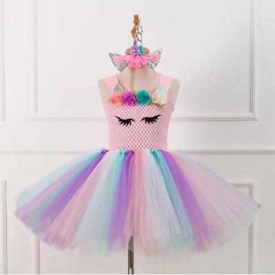 China Breathable Multicolor Princess Dress Bow Tiara Girls Mesh Rainbow Tulip Dress Color Birthday Party Dance 2 Piece Set for sale