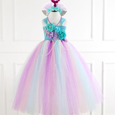 China Mesh Girls Tutu Skirt Sleeveless Tiara Long Mermaid Flower Bead Flower Dress Breathable Dance Birthday Party Dress 2 Piece Set for sale