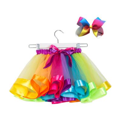 China Polyester Birthday Party Dance Multicolor Mesh Rainbow Tutu Border Princess Dress Girls Bow Colorful Tiara Children 2 Piece Set for sale