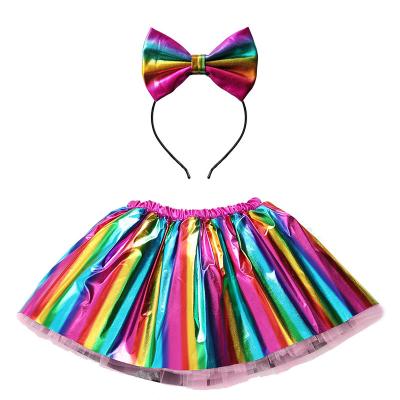 China 2022 QUICK DRY Rainbow Skirt Bronzing Girls Short Skirt Plus Stripe Performance Dance Tutu Skirt Bow Headwear Big 2 Piece Set for sale