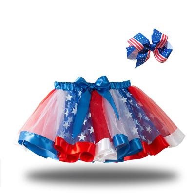 China Breathable Girls Star Flag Skirt Dance Birthday Party Mesh Skirt With Lined Tutu Skirt Bow Headwear 2 Piece Set for sale