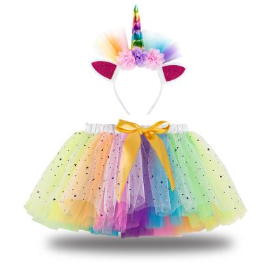 China Girls Breathable Skirt Colorful Princess Birthday Party Dance Skirt Star Moon Chat Striped Tutu Skirt Headwear 2 Piece Sets for sale