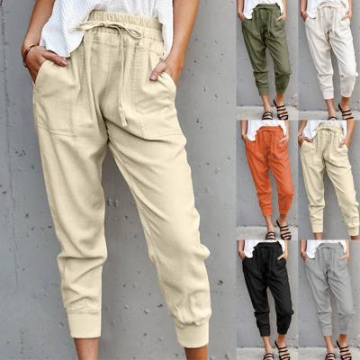 China New 2022 Women's Breathable Summer Loose Solid Color Lace Up Fashion Casual Pocket Pants Slim Cropped Pencil Pants Women's Clothing for sale