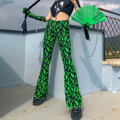 China Breathable Printed Fruit Green Flare Pants 2022 Women Clothing Spring New Fashion Casual Slim Pants for sale