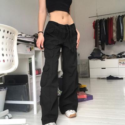 China 2022 New Women's Casual Loose Drawstring Hipster Street Anti-Pilling Celt Low Waist Pocket Solid Color Wide Leg Pants Trousers for sale