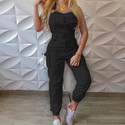 China 2022 New Fashion Women's Clothing Fashion Solid Color Flap Pocket Cargo Overalls Bibs Breathable Casual Sleeveless Long Pants (With Belt) for sale