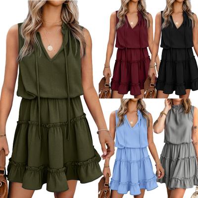 China 2022 Women Clothing Fashion Breathable V-Neck Lace Up Ruffle Dress Loose Summer Solid Color Shorts Sleeveless Casual Dresses for sale