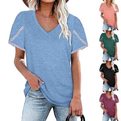 China 2022 Women Clothing Fashion Solid Color V-Neck Breathable Petals Short Sleeve T-shirt Summer Vacation Style Casual Loose Tops New for sale