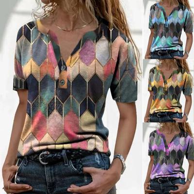 China 2022 Women's Summer New Sleeve Contrast Color Printed V-Neckline Casual Fashion Casual T-shirt Short Top Loose Butt Shirt Streetwear for sale