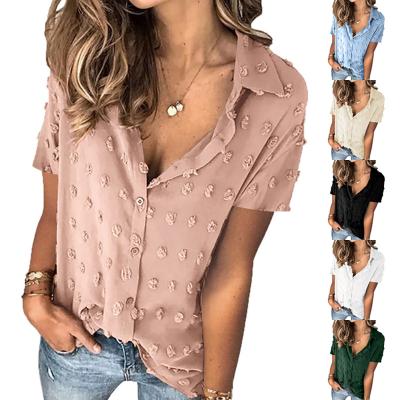 China 2022 Women's Solid Color Casual Shorts Lapel Dot Polka Down Single Breasted Top Shirt Breathable Spring Fashion Sheath Bottoming Tops for sale