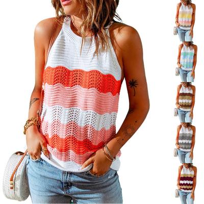 China 2022 Women Breathable Clothing Sleeveless Casual Contrast Color New O Neck Quilting Woolen Knitted Loose Tank Tops Bottoming Top for sale