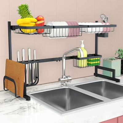 China 2 Tier 85cm Sustainable Black Metal Kitchen Storage Racks Basket Organizer Over Sink Dish Drying Rack for sale