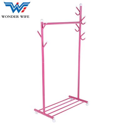 China Eco-friendly Material Folding Stainless Steel Hanger Standing Four Wheels Clothes Coat Hanger Rack for sale