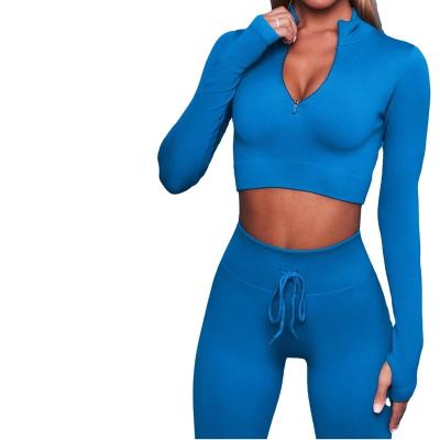 China Breathable Women Yoga Set Crop Top 2PCS Two Piece Long Sleeve Leggings Workout Equipment Wear Fitness Clothes Sport Suit Gym Sets for sale