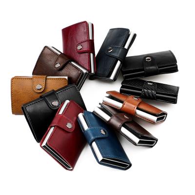 China Vintage RFID Blocking Automatic Leather Noise Up Credit Card Holder Wallet Noise Up Aluminum Leather Card Case for sale